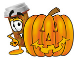 Clip Art Graphic of a Medication Prescription Pill Bottle Cartoon Character With a Carved Halloween Pumpkin