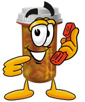 Clip Art Graphic of a Medication Prescription Pill Bottle Cartoon Character Holding a Telephone