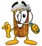 Clip Art Graphic of a Medication Prescription Pill Bottle Cartoon Character Looking Through a Magnifying Glass