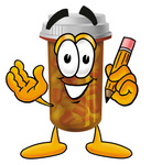 Clip Art Graphic of a Medication Prescription Pill Bottle Cartoon Character Holding a Pencil