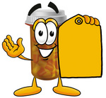 Clip Art Graphic of a Medication Prescription Pill Bottle Cartoon Character Holding a Yellow Sales Price Tag