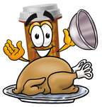 Clip Art Graphic of a Medication Prescription Pill Bottle Cartoon Character Serving a Thanksgiving Turkey on a Platter