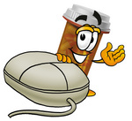 Clip Art Graphic of a Medication Prescription Pill Bottle Cartoon Character With a Computer Mouse