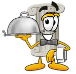 Clip Art Graphic of a Pillar Cartoon Character Dressed as a Waiter and Holding a Serving Platter