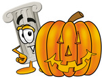 Clip Art Graphic of a Pillar Cartoon Character With a Carved Halloween Pumpkin