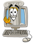 Clip Art Graphic of a Pillar Cartoon Character Waving From Inside a Computer Screen