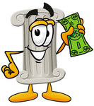 Clip Art Graphic of a Pillar Cartoon Character Holding a Dollar Bill