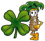 Clip Art Graphic of a Tropical Palm Tree Cartoon Character With a Green Four Leaf Clover on St Paddy’s or St Patricks Day