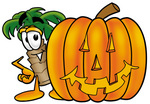 Clip Art Graphic of a Tropical Palm Tree Cartoon Character With a Carved Halloween Pumpkin