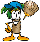 Clip Art Graphic of a Tropical Palm Tree Cartoon Character Catching a Baseball With a Glove