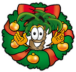 Clip Art Graphic of a Tropical Palm Tree Cartoon Character in the Center of a Christmas Wreath