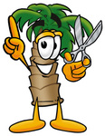 Clip Art Graphic of a Tropical Palm Tree Cartoon Character Holding a Pair of Scissors