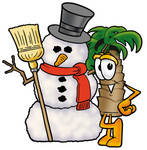 Clip Art Graphic of a Tropical Palm Tree Cartoon Character With a Snowman on Christmas