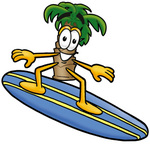 Clip Art Graphic of a Tropical Palm Tree Cartoon Character Surfing on a Blue and Yellow Surfboard