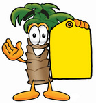Clip Art Graphic of a Tropical Palm Tree Cartoon Character Holding a Yellow Sales Price Tag