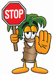 Clip Art Graphic of a Tropical Palm Tree Cartoon Character Holding a Stop Sign