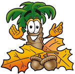 Clip Art Graphic of a Tropical Palm Tree Cartoon Character With Autumn Leaves and Acorns in the Fall