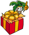 Clip Art Graphic of a Tropical Palm Tree Cartoon Character Standing by a Christmas Present