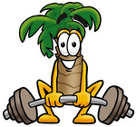 Clip Art Graphic of a Tropical Palm Tree Cartoon Character Lifting a Heavy Barbell