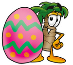 Clip Art Graphic of a Tropical Palm Tree Cartoon Character Standing Beside an Easter Egg