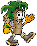 Clip Art Graphic of a Tropical Palm Tree Cartoon Character Hiking and Carrying a Backpack