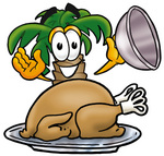 Clip Art Graphic of a Tropical Palm Tree Cartoon Character Serving a Thanksgiving Turkey on a Platter