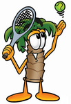 Clip Art Graphic of a Tropical Palm Tree Cartoon Character Preparing to Hit a Tennis Ball