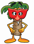 Clip Art Graphic of a Tropical Palm Tree Cartoon Character Wearing a Red Mask Over His Face
