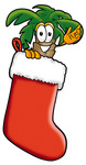 Clip Art Graphic of a Tropical Palm Tree Cartoon Character Inside a Red Christmas Stocking
