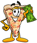 Clip Art Graphic of a Cheese Pizza Slice Cartoon Character Holding a Dollar Bill