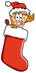 Clip Art Graphic of a Cheese Pizza Slice Cartoon Character Wearing a Santa Hat Inside a Red Christmas Stocking
