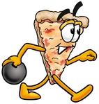 Clip Art Graphic of a Cheese Pizza Slice Cartoon Character Holding a Bowling Ball