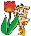 Clip Art Graphic of a Cheese Pizza Slice Cartoon Character With a Red Tulip Flower in the Spring