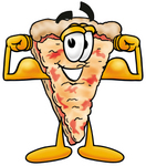Clip Art Graphic of a Cheese Pizza Slice Cartoon Character Flexing His Arm Muscles