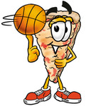 Clip Art Graphic of a Cheese Pizza Slice Cartoon Character Spinning a Basketball on His Finger