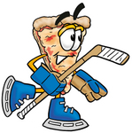 Clip Art Graphic of a Cheese Pizza Slice Cartoon Character Playing Ice Hockey