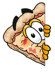 Clip Art Graphic of a Cheese Pizza Slice Cartoon Character Peeking Around a Corner