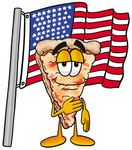 Clip Art Graphic of a Cheese Pizza Slice Cartoon Character Pledging Allegiance to an American Flag