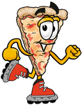 Clip Art Graphic of a Cheese Pizza Slice Cartoon Character Roller Blading on Inline Skates