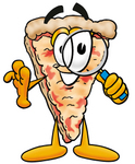 Clip Art Graphic of a Cheese Pizza Slice Cartoon Character Looking Through a Magnifying Glass