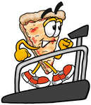 Clip Art Graphic of a Cheese Pizza Slice Cartoon Character Walking on a Treadmill in a Fitness Gym
