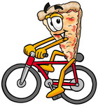 Clip Art Graphic of a Cheese Pizza Slice Cartoon Character Riding a Bicycle
