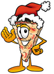 Clip Art Graphic of a Cheese Pizza Slice Cartoon Character Wearing a Santa Hat and Waving
