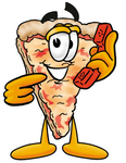 Clip Art Graphic of a Cheese Pizza Slice Cartoon Character Holding a Telephone