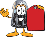 Clip Art Graphic of a Ground Pepper Shaker Cartoon Character Holding a Red Sales Price Tag