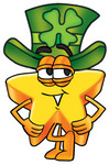 Clip Art Graphic of a Yellow Star Cartoon Character Wearing a Saint Patricks Day Hat With a Clover on it