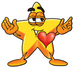 Clip Art Graphic of a Yellow Star Cartoon Character With His Heart Beating Out of His Chest