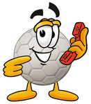 Clip Art Graphic of a White Soccer Ball Cartoon Character Holding a Telephone