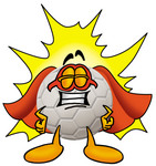 Clip Art Graphic of a White Soccer Ball Cartoon Character Dressed as a Super Hero