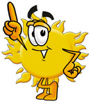 Clip Art Graphic of a Yellow Sun Cartoon Character Pointing Upwards